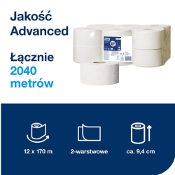 Tork Papier Toaletowy 170m mini JUMBO T2 Makulatura 2W Biały Zgrzewka 12szt 120280