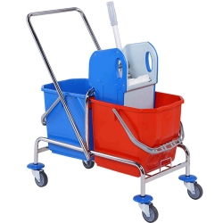 Wózek do Sprzątania Wiadra 2 x 25 litrów Chromowany z Wyciskarką Szczękową HS210