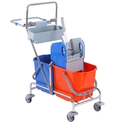 Wózek do Sprzątania Wiadra 2 x 25 litrów Chromowany z Wyciskarką Szczękową i Koszykiem na Akcesoria  i Śmieci HS214
