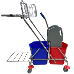 deClean Wózek do Sprzątania CHROM Wiadra 2x17 litrów + Prasa, Koszyk, Uchwyt HS337