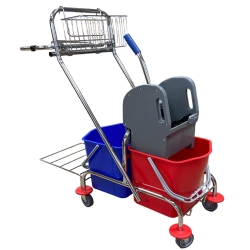 deClean Wózek do Sprzątania CHROM Wiadra 2x17 litrów + Prasa, Koszyk, Uchwyt HS337
